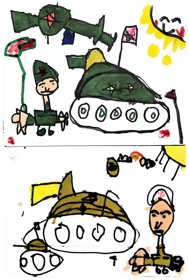 孩子画的坦克、士兵与带笑脸的太阳