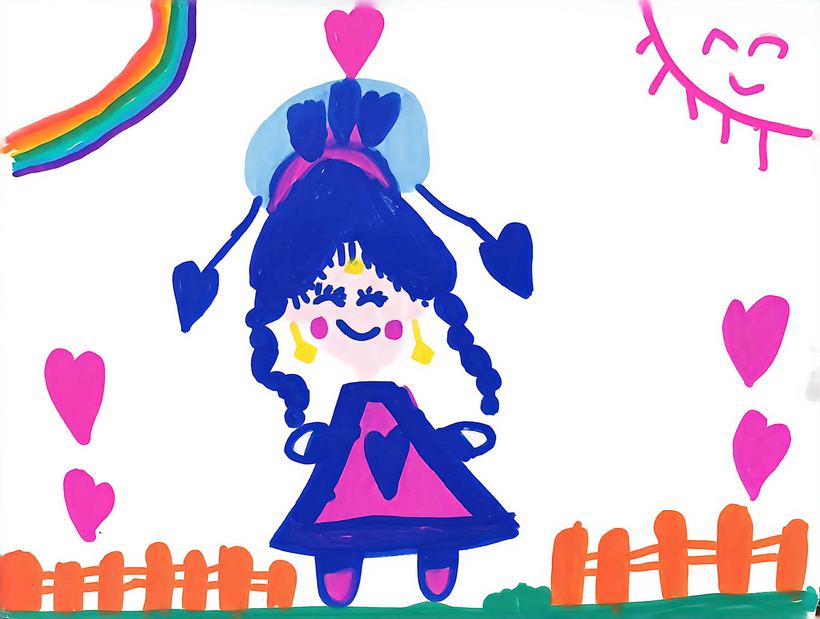 孩子画的彩色画：扎辫子的小女孩、彩虹、爱心与栅栏