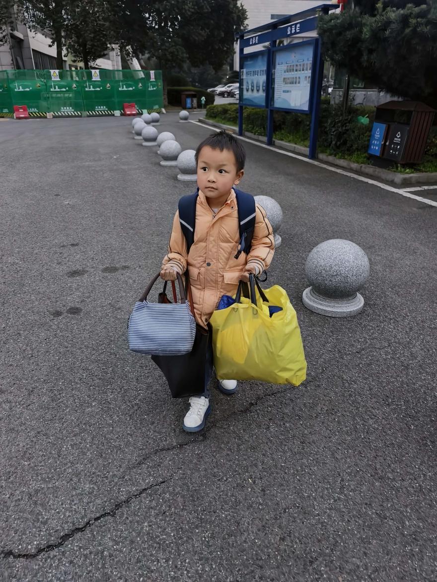 孩子背着书包，双手拎着两个大袋子走在路上
